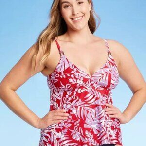 Kona Sol Womens Tankini Top M Red Tropical Floral Swim Top Flowy